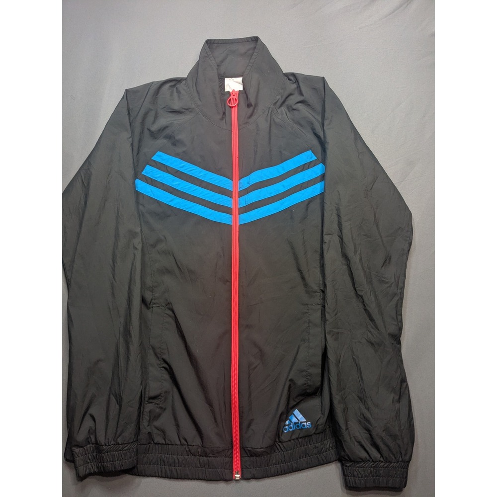 Adidas Girls Track Jacket Black Blue Chevron Red Zip Windbreaker Mesh Lined
